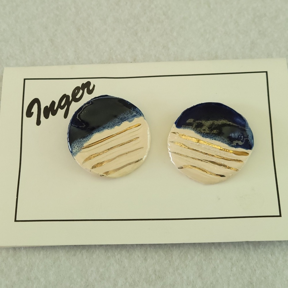 Inger Vintage Brutalist Mid-Century Ceramic Earrings 22K Gold Blue Abstract Lux